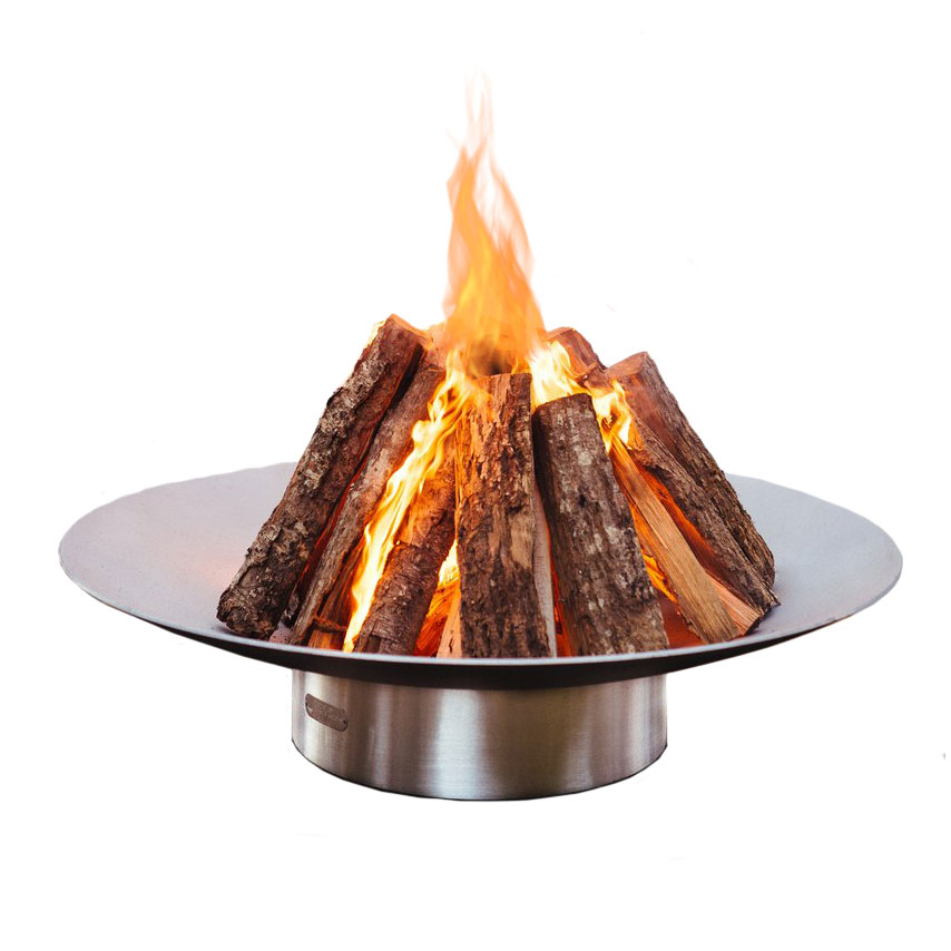 Wood fire pit with burning logs in round stainless steel bowl