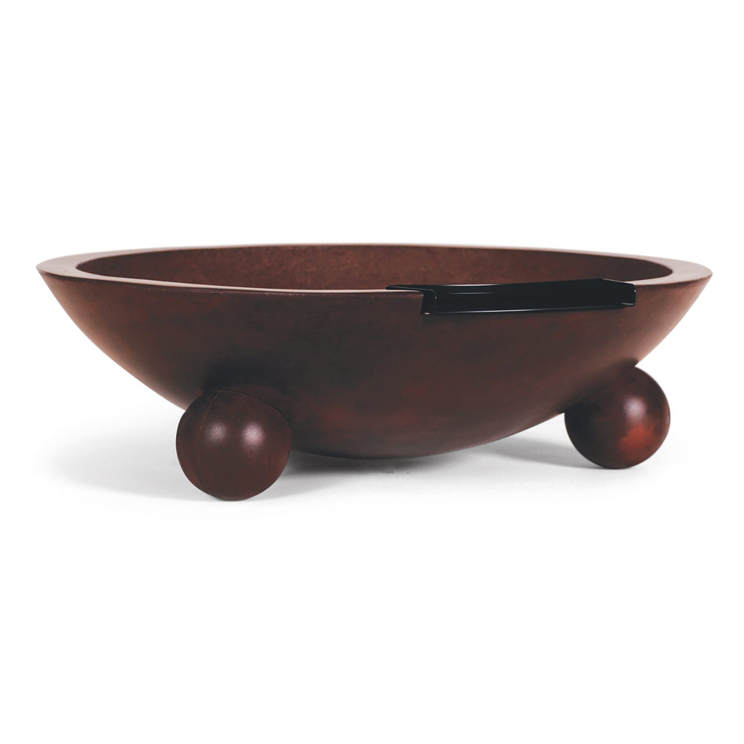 Brown fire and water bowl with black burner cap and three pedestal legs