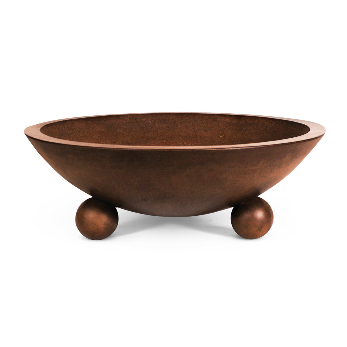 32-inch fire bowl with round basin and three pedestal legs, dark bronze finish