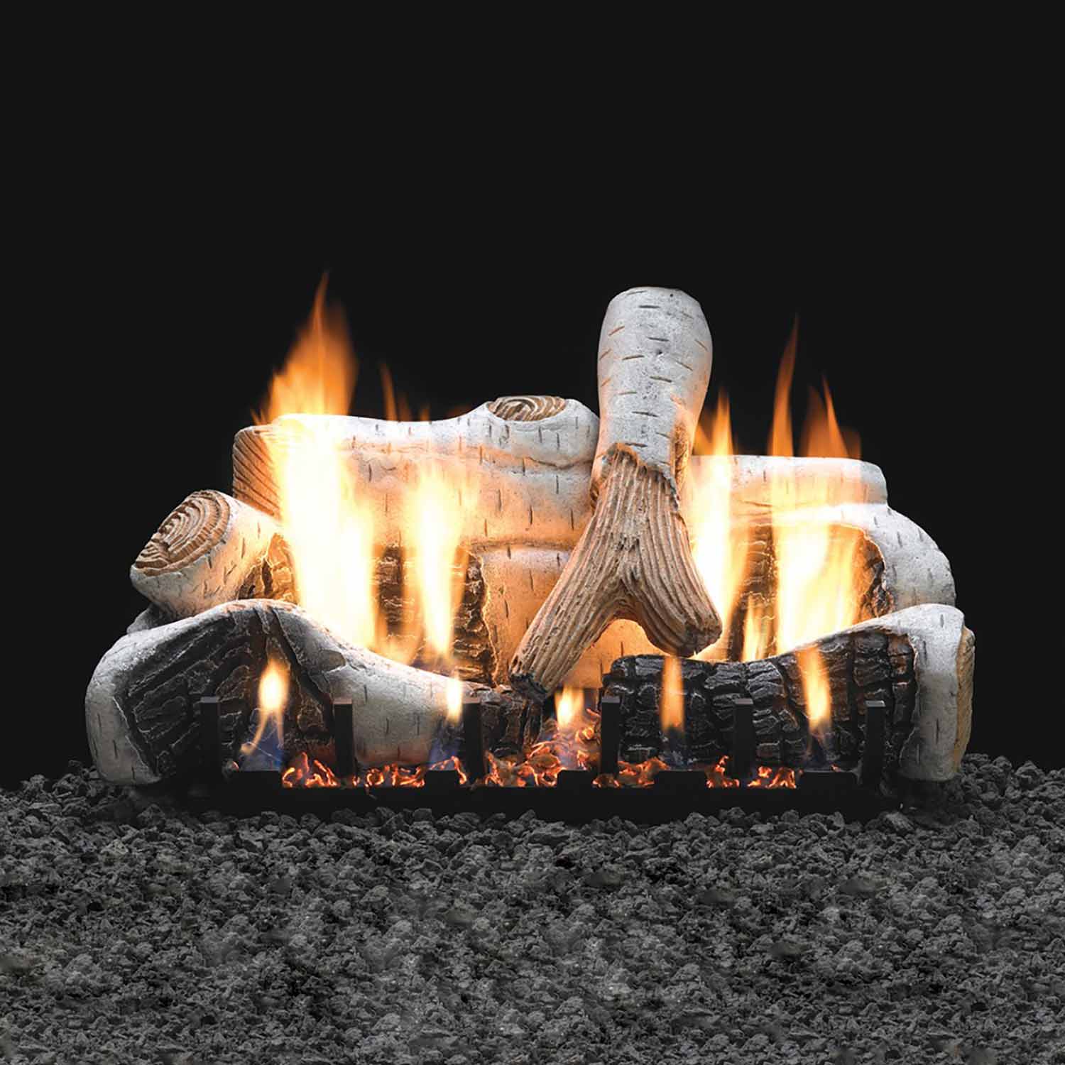 Fireplace log set with vented ceramic fiber logs and active flames