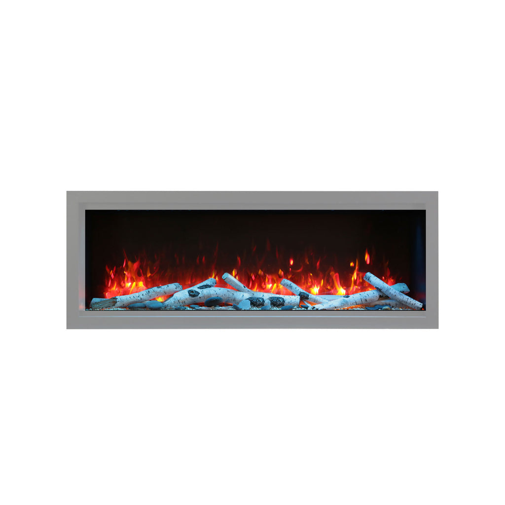 Gas fireplace with birch log set, glowing embers, and red flame effect