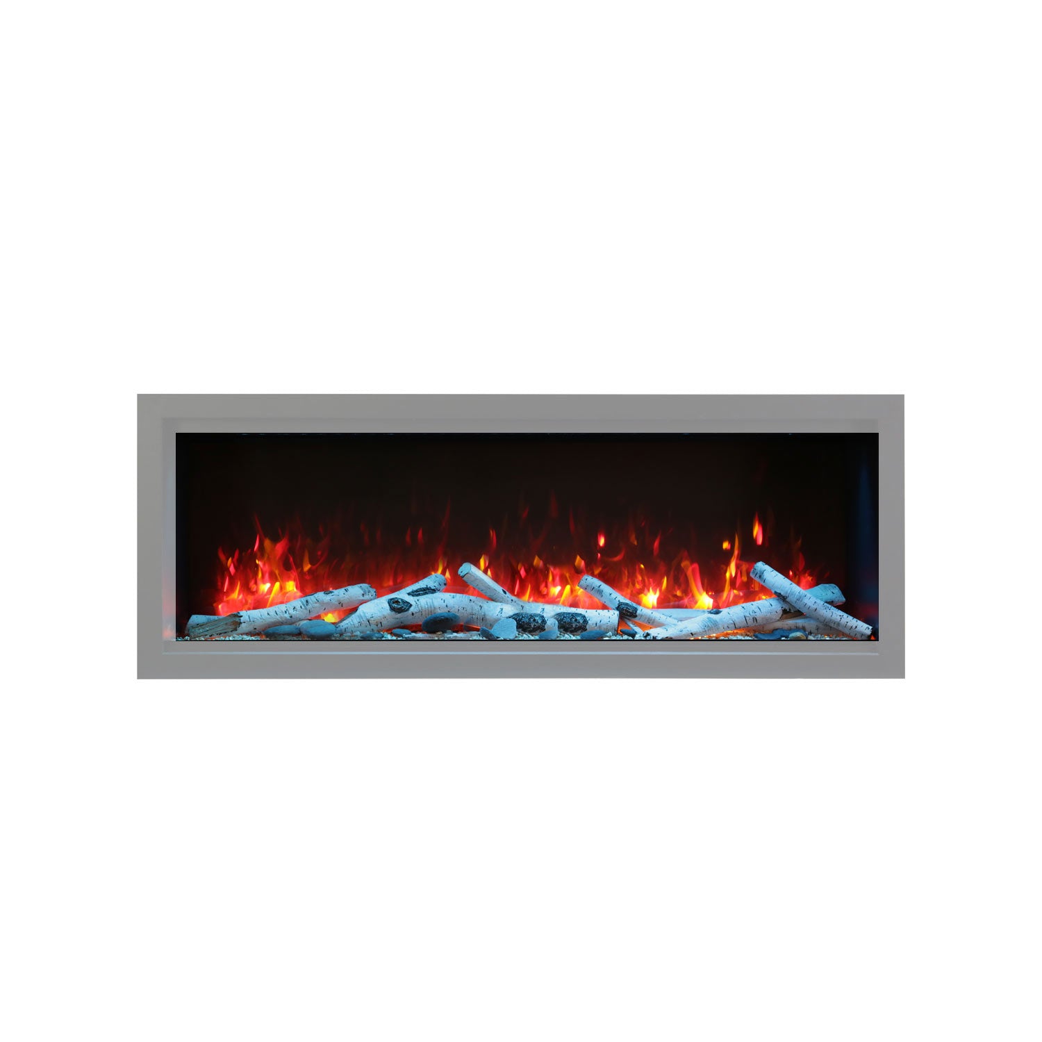 Gas fireplace with birch log set, glowing embers, and red flame effect