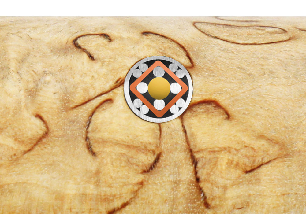 Santoku knife handle close-up: round endcap logo on birchwood