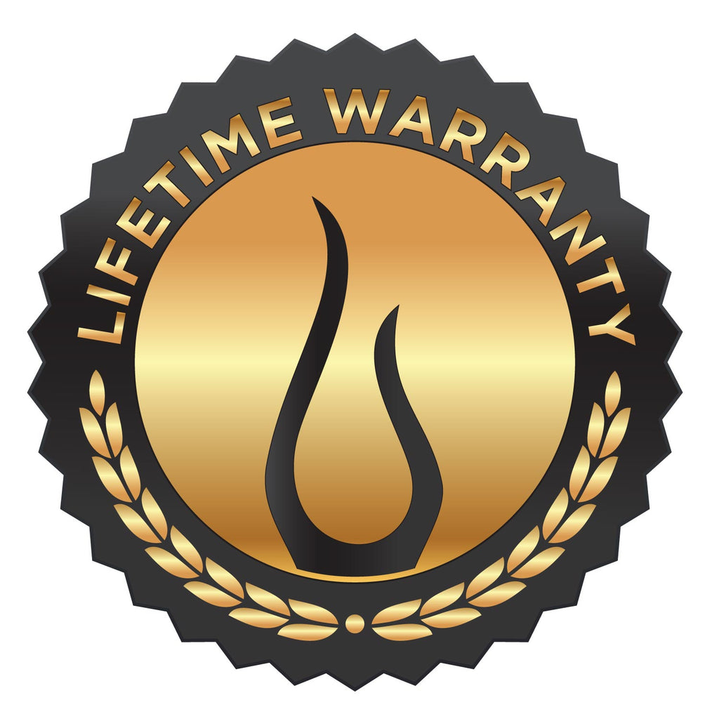 Lifetime Warranty emblem with gold flame icon