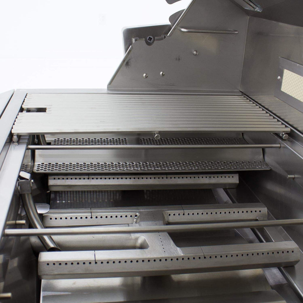 Gas grill cooking chamber with multiple burners and heat deflectors