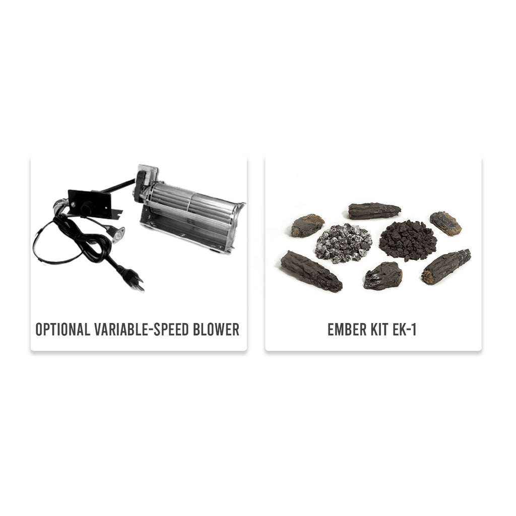 Optional blower and ember kit with small dark stones and rocks