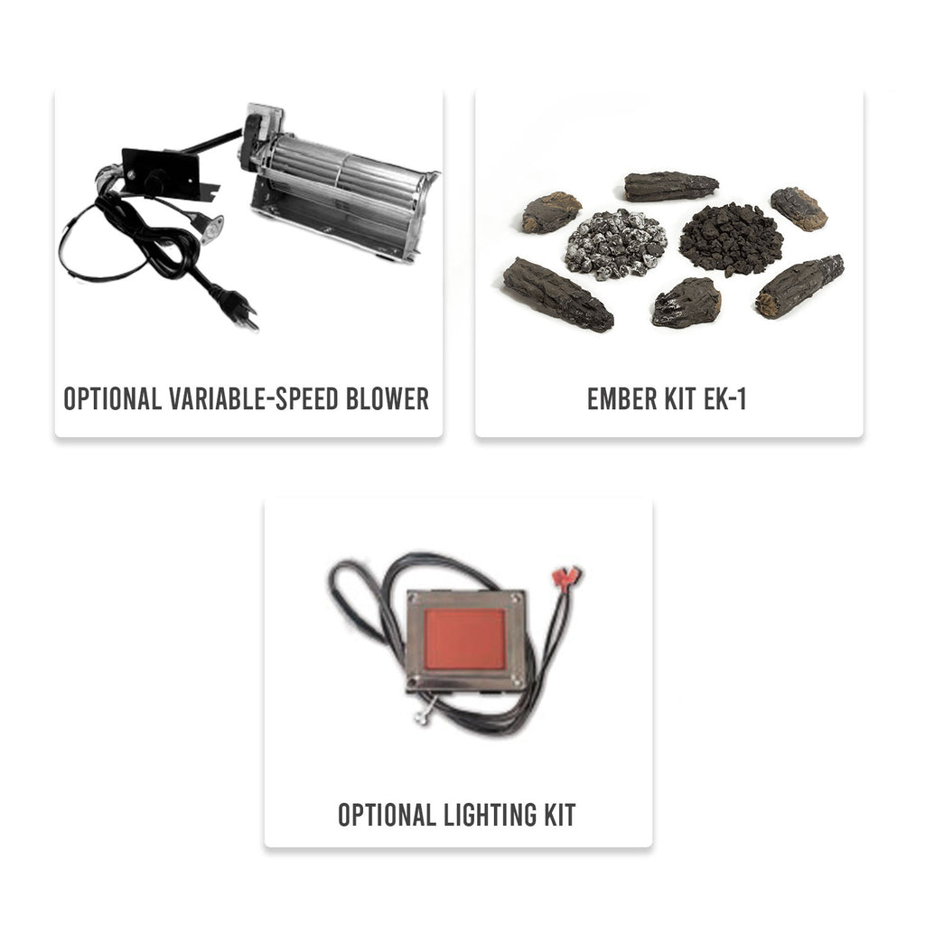 Accessories for a direct-vent fireplace: blower, ember kit, and optional lighting kit
