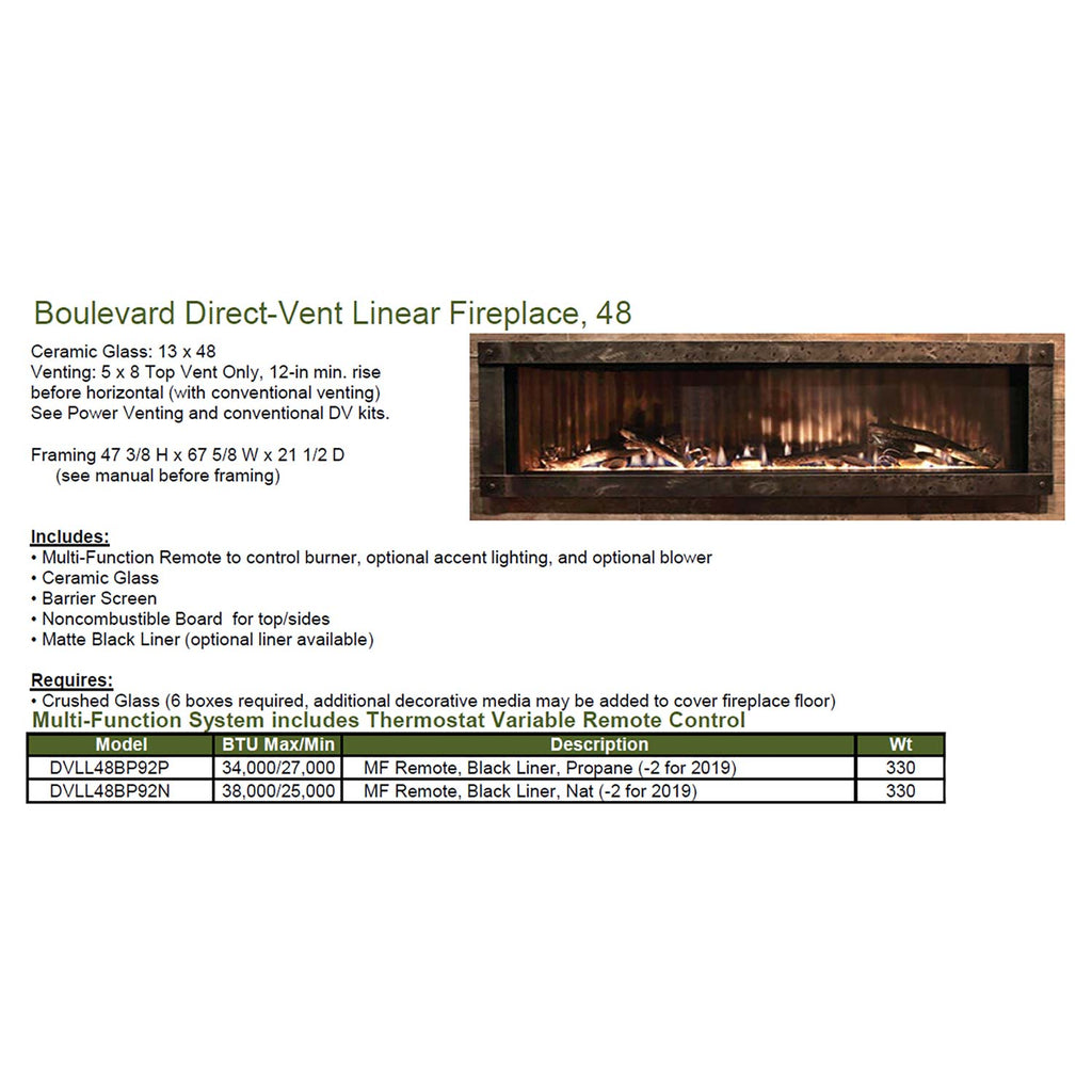Linear direct-vent fireplace specification table with remote and liner option list