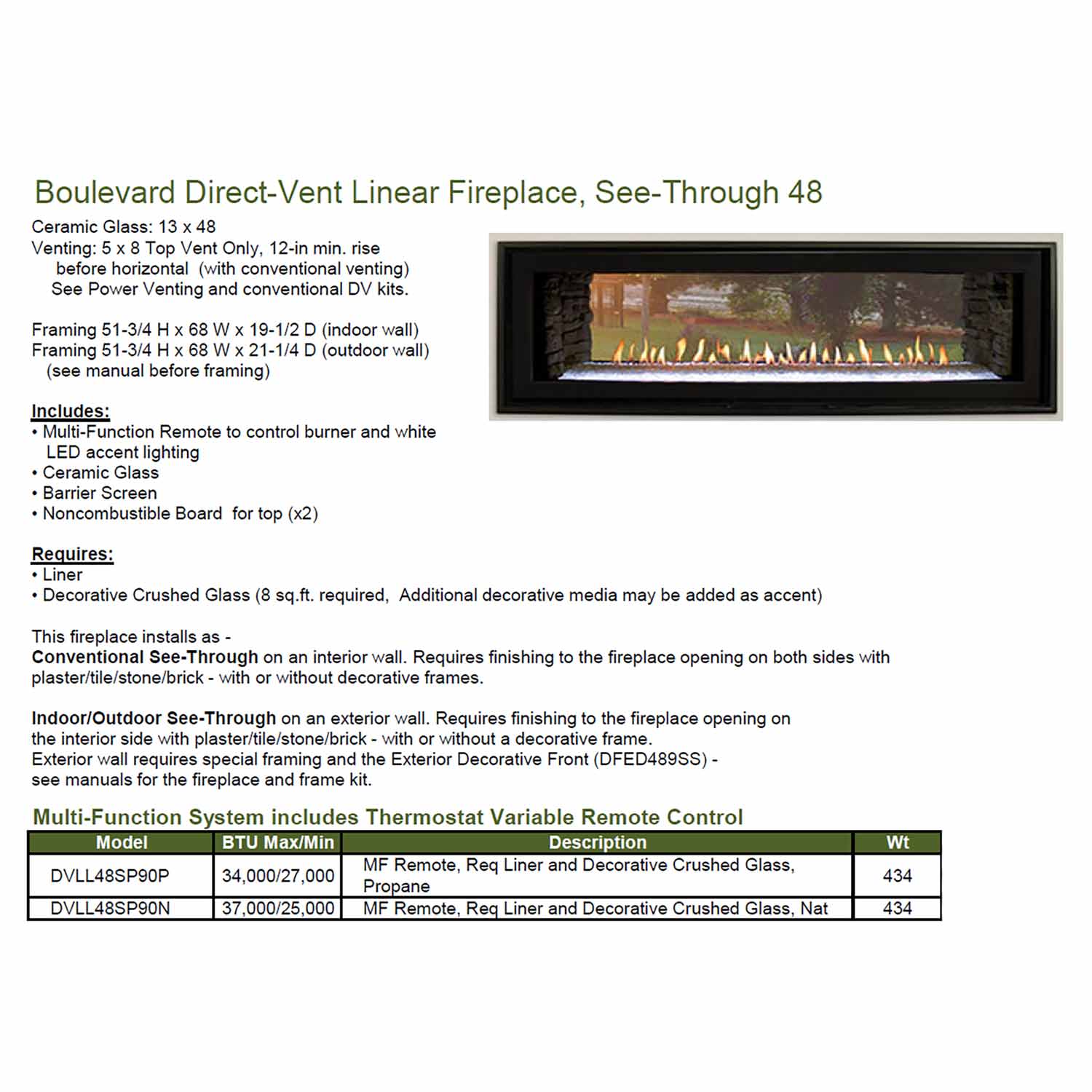 Linear direct-vent fireplace listing with flame preview and product specifications