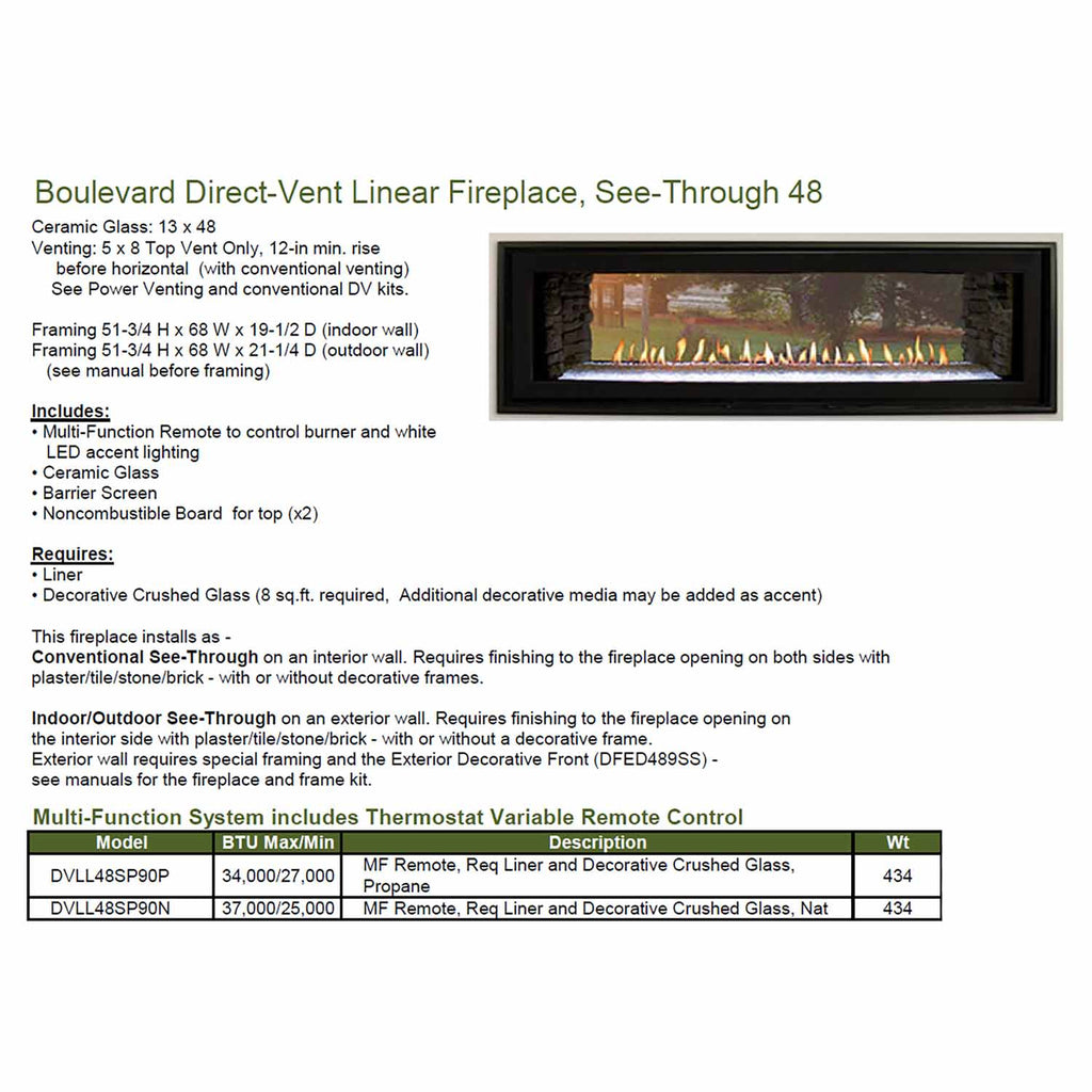 Printed specifications for 48-inch see-through linear direct-vent fireplace