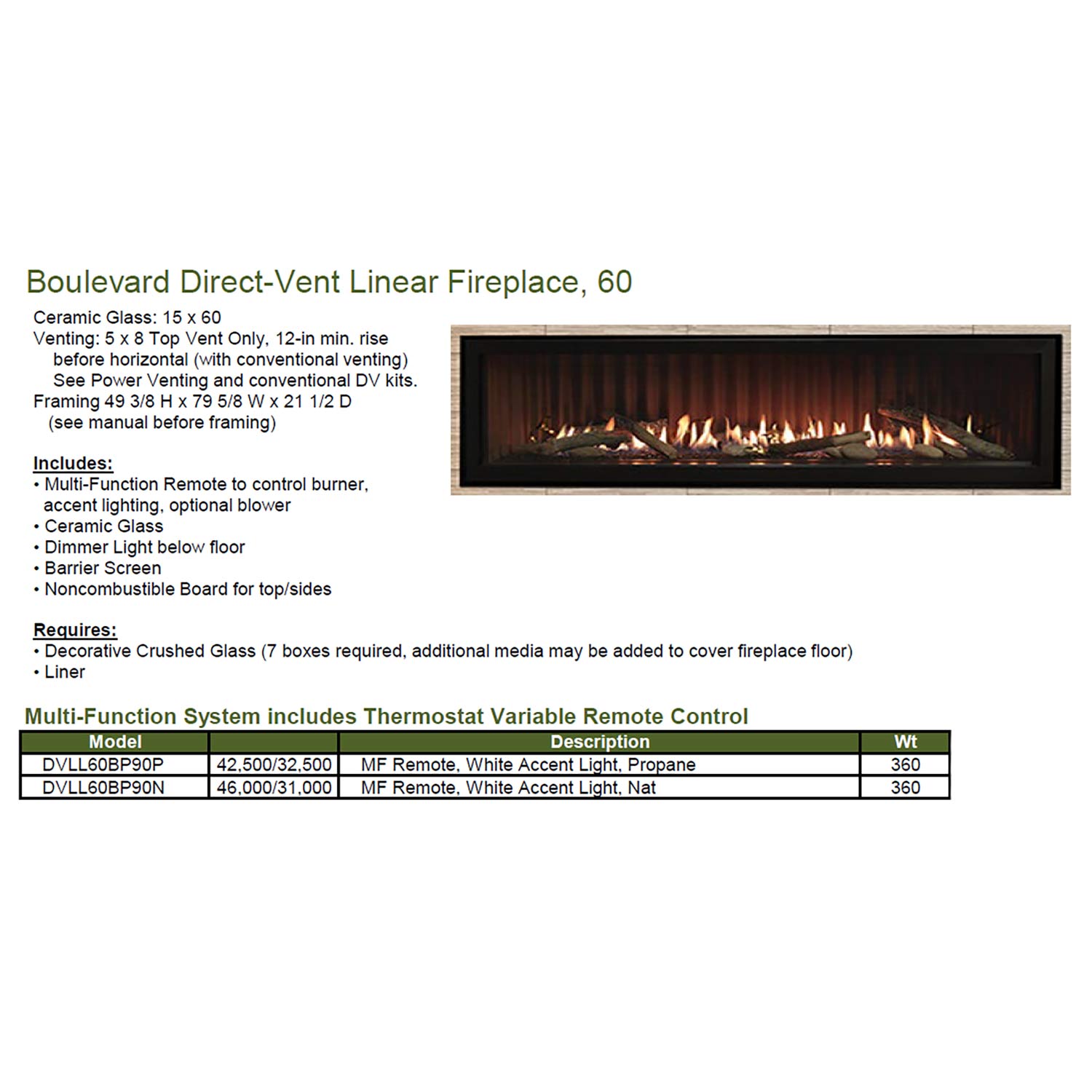 Direct vent linear fireplace specification sheet with model details