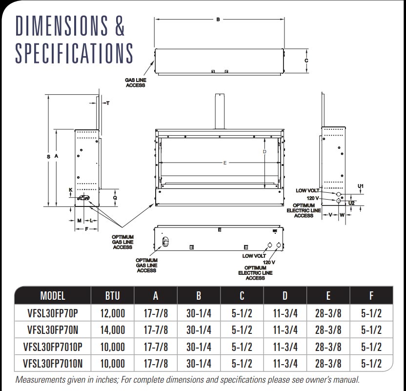 Ventless linear fireplace dimensions and specifications diagram with labeled measurements