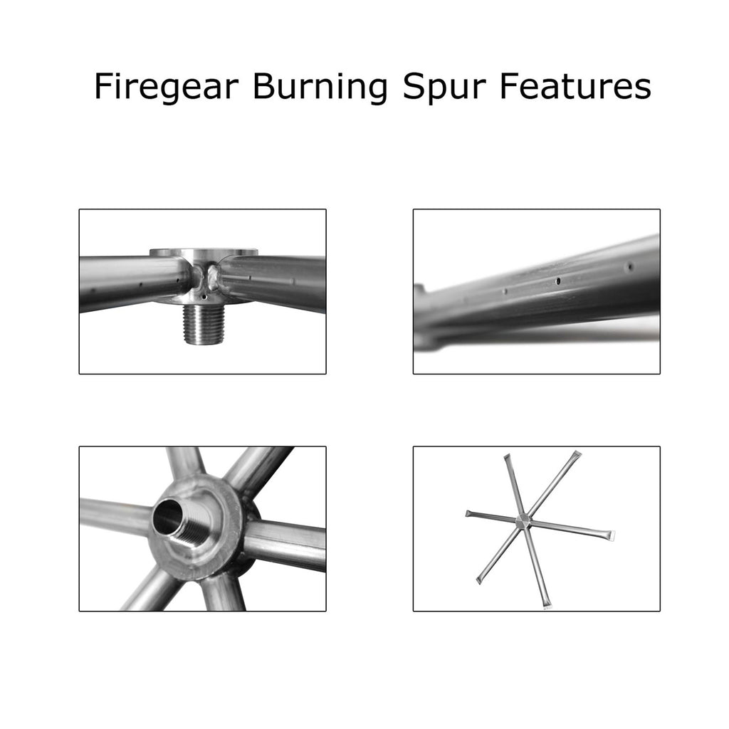 Burner spur kit feature collage showing burner tube details and cross-arm burner
