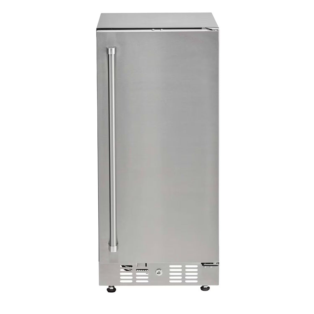 Stainless steel outdoor refrigerator with vertical handle, closed front view