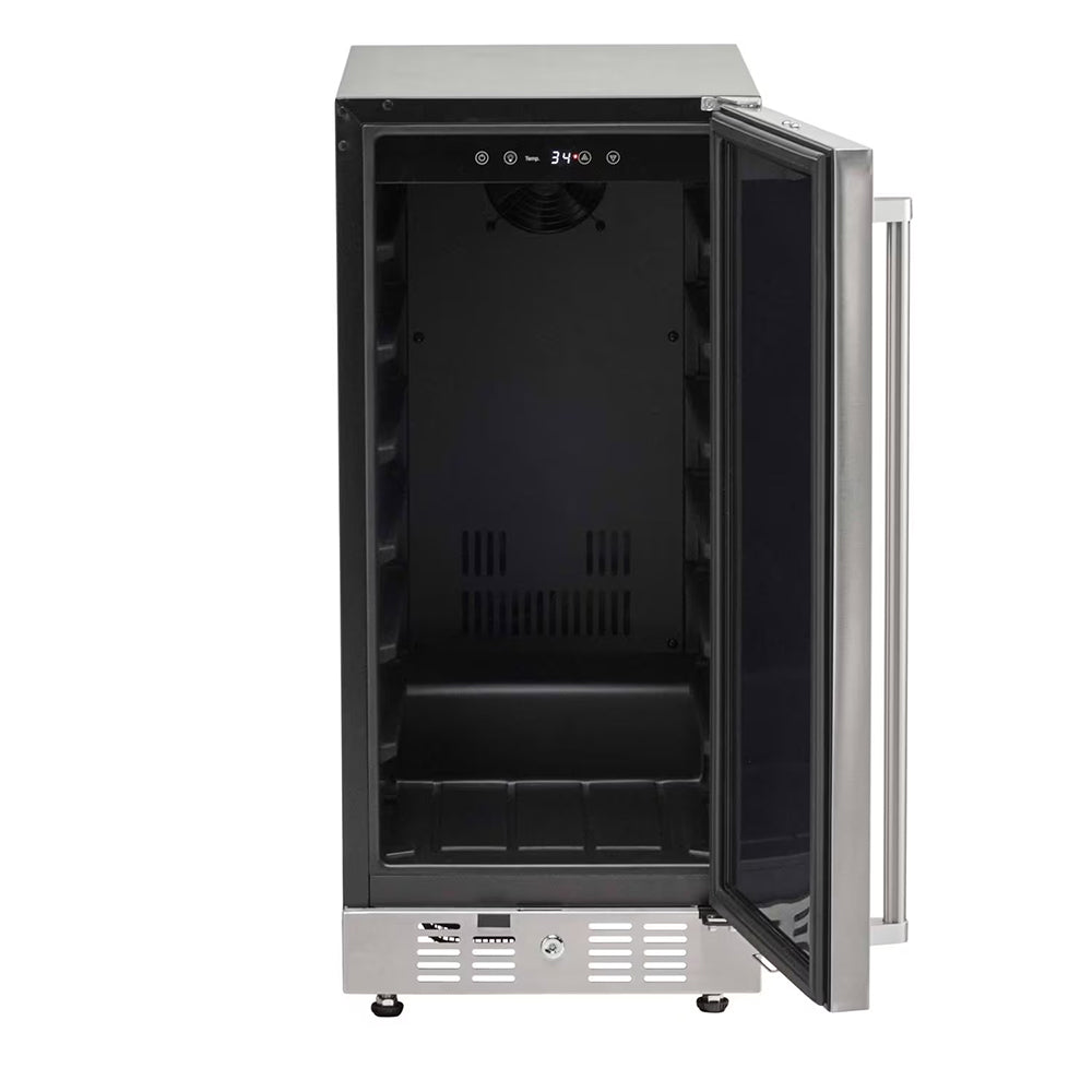 Stainless steel outdoor refrigerator with door open, dark interior and shelves