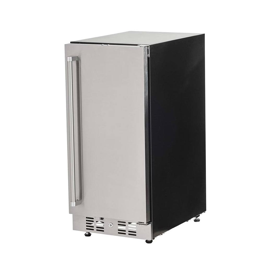 Compact outdoor refrigerator in stainless steel with black side panel, angled view