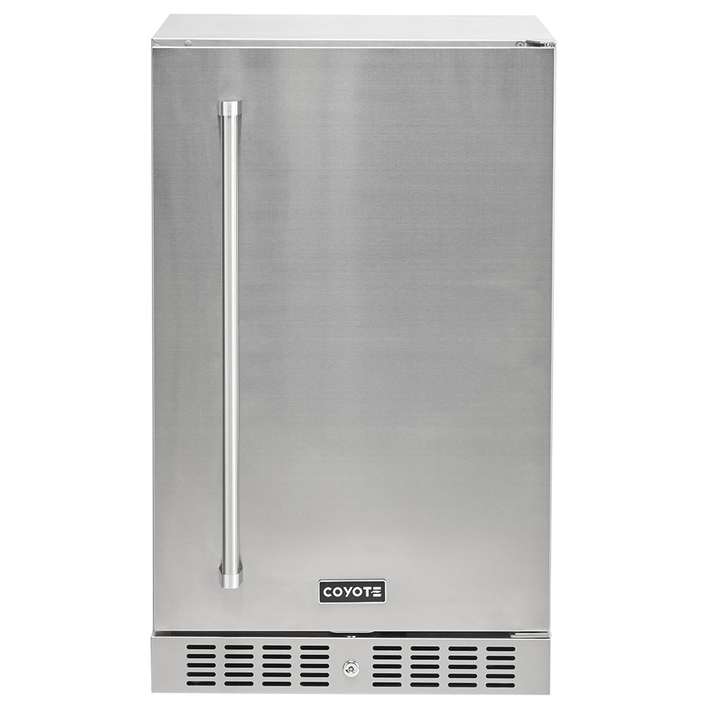 Stainless steel 21-inch refrigerator with vertical recessed handle and front venting