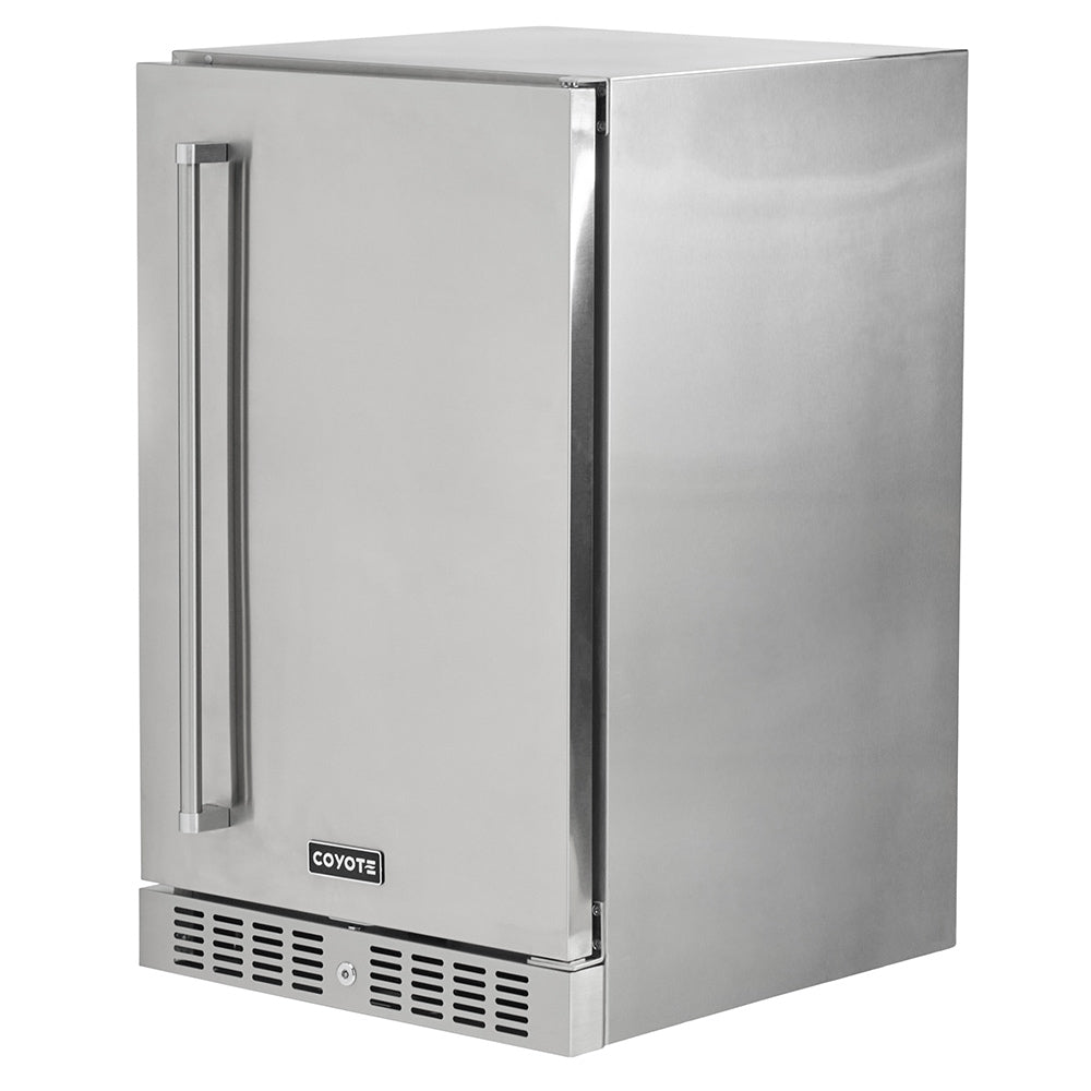 Stainless steel refrigerator door with vertical handle and bottom grille vents