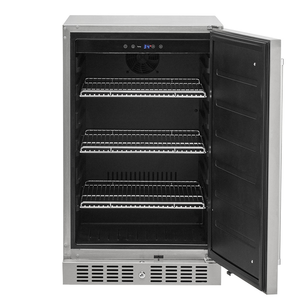 Stainless steel refrigerator with open door showing interior shelves and lighted controls