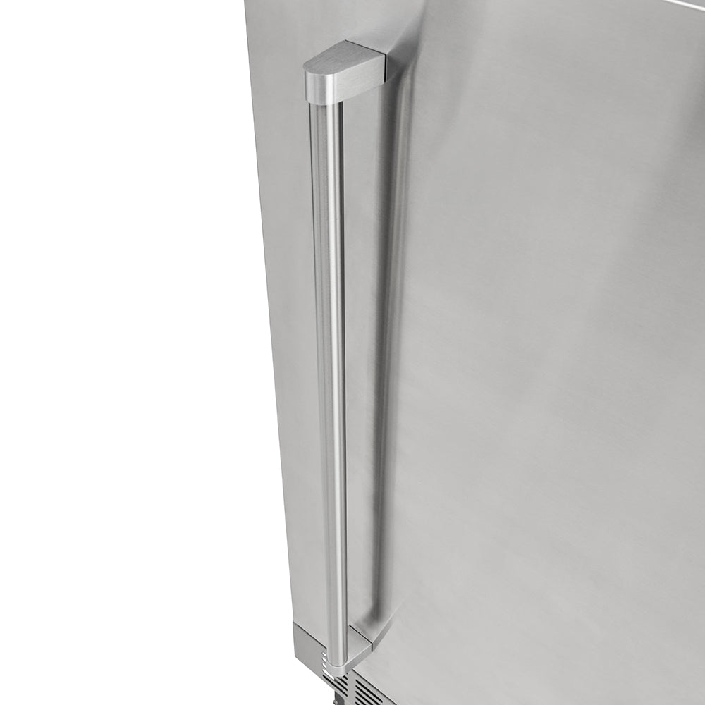 Stainless steel refrigerator with vertical pull handle on side profile
