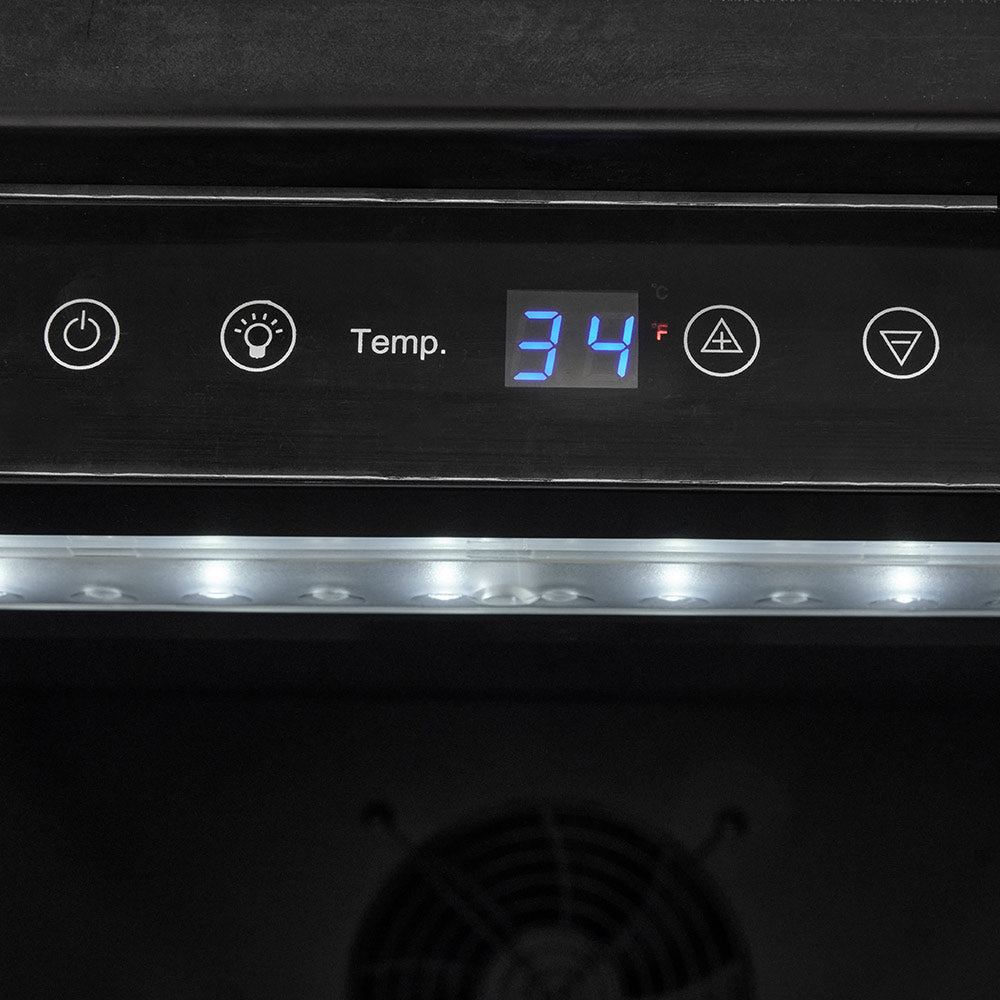 Refrigerator control panel display showing Temp 34°F
