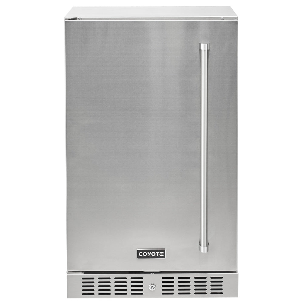 Stainless steel Coyote refrigerator with vertical handle and bottom air vents