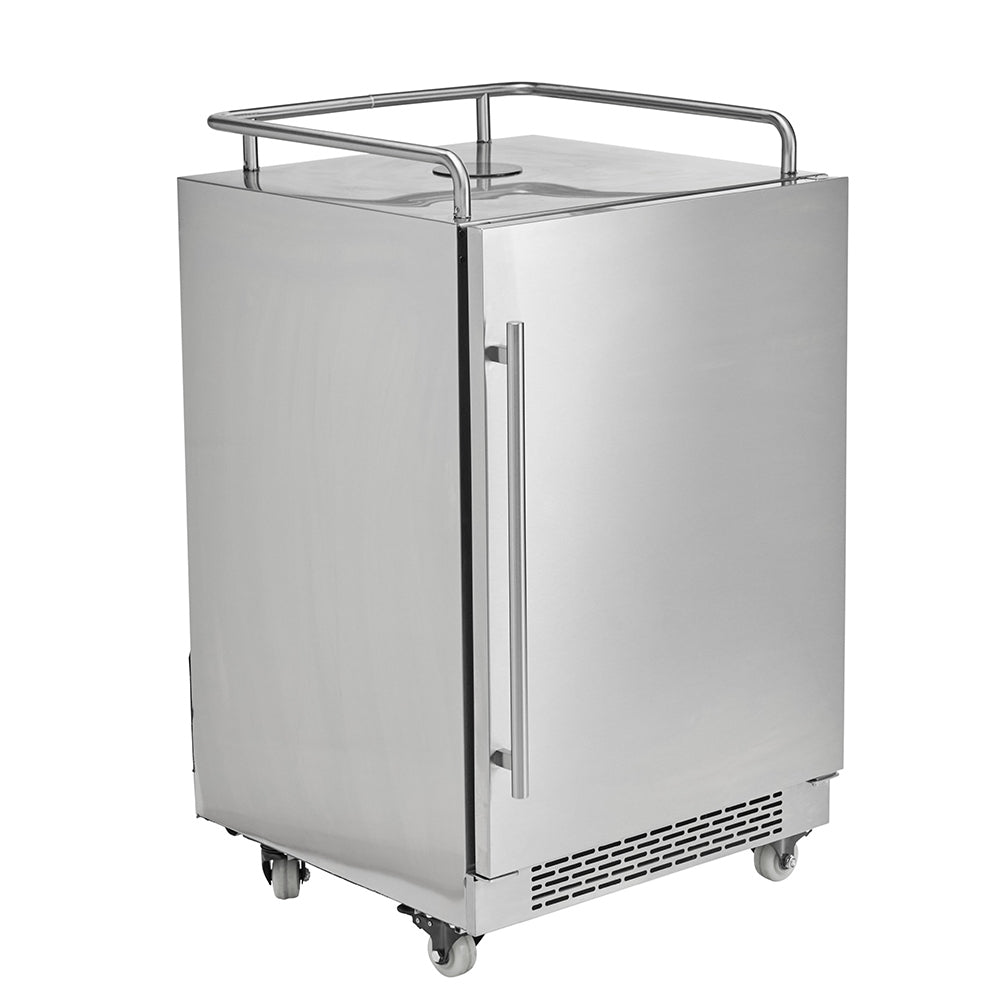 24-inch stainless steel kegerator with side handle and top loading tray