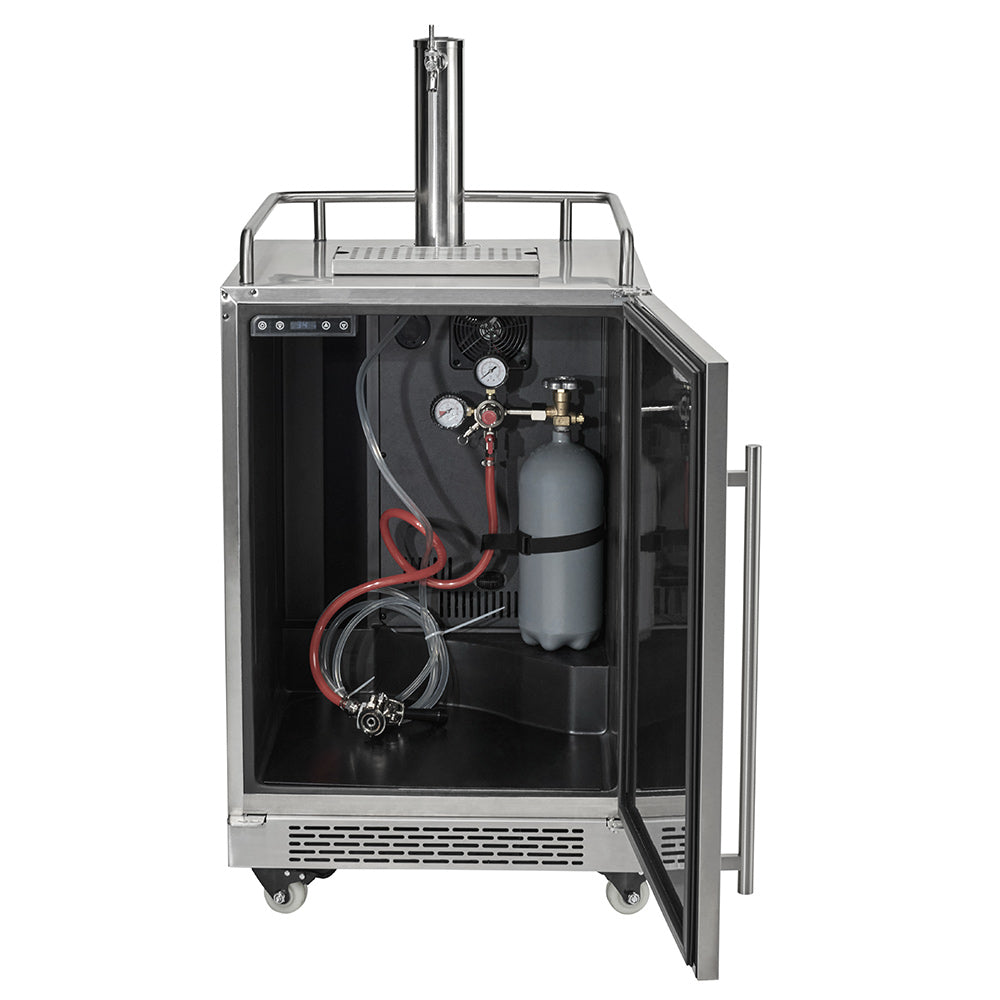 24-inch stainless steel kegerator with open door showing CO2 tank and hoses
