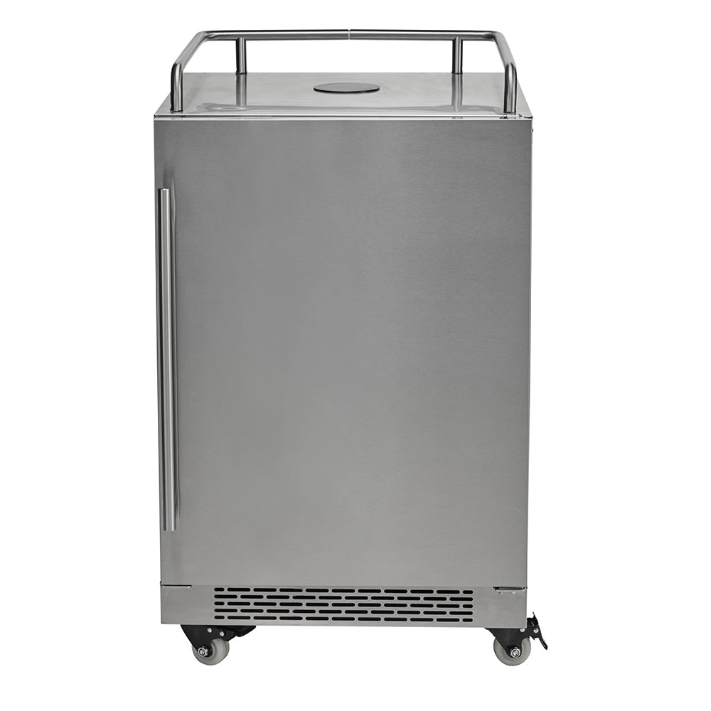 24-inch stainless steel kegerator with front grille and wheeled base