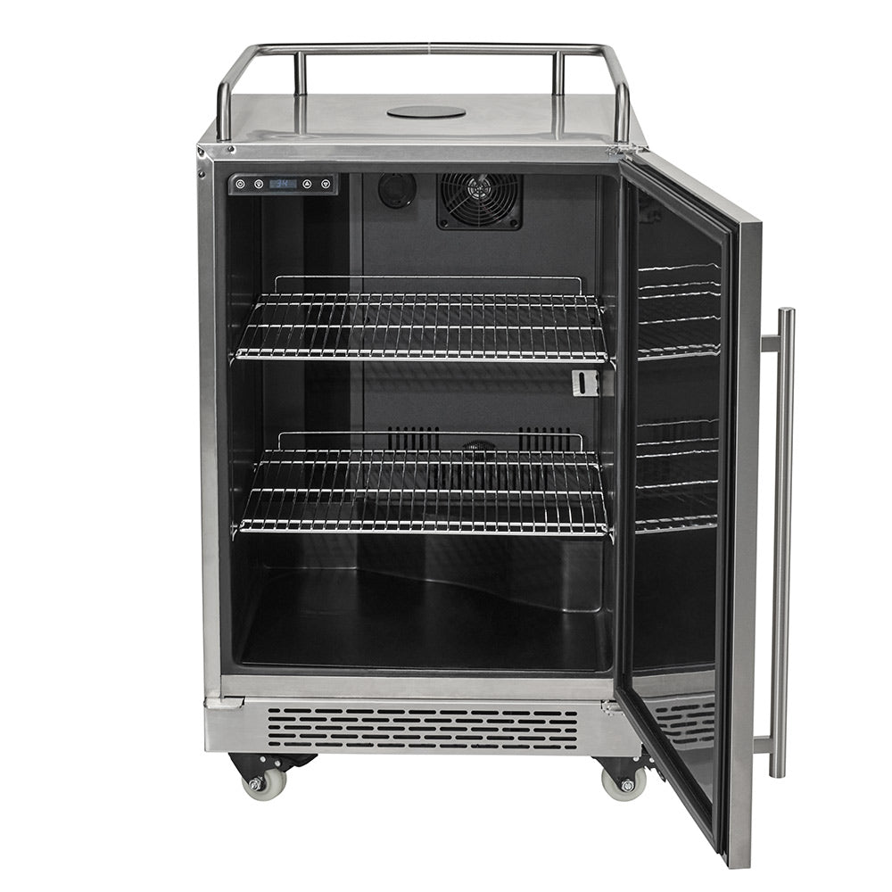 24-inch stainless steel kegerator interior with wire shelves and open door