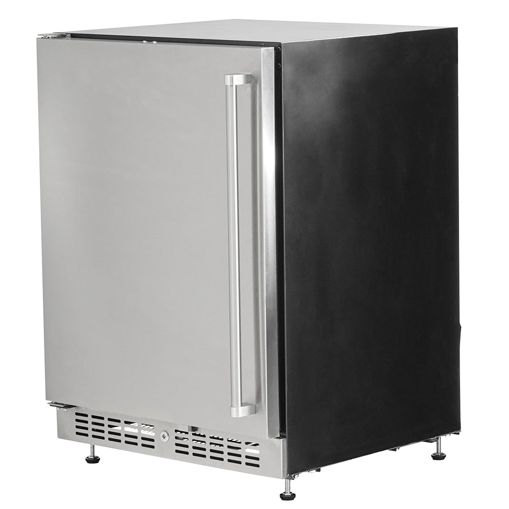 24-inch stainless steel refrigerator with black side panel and vertical door handle