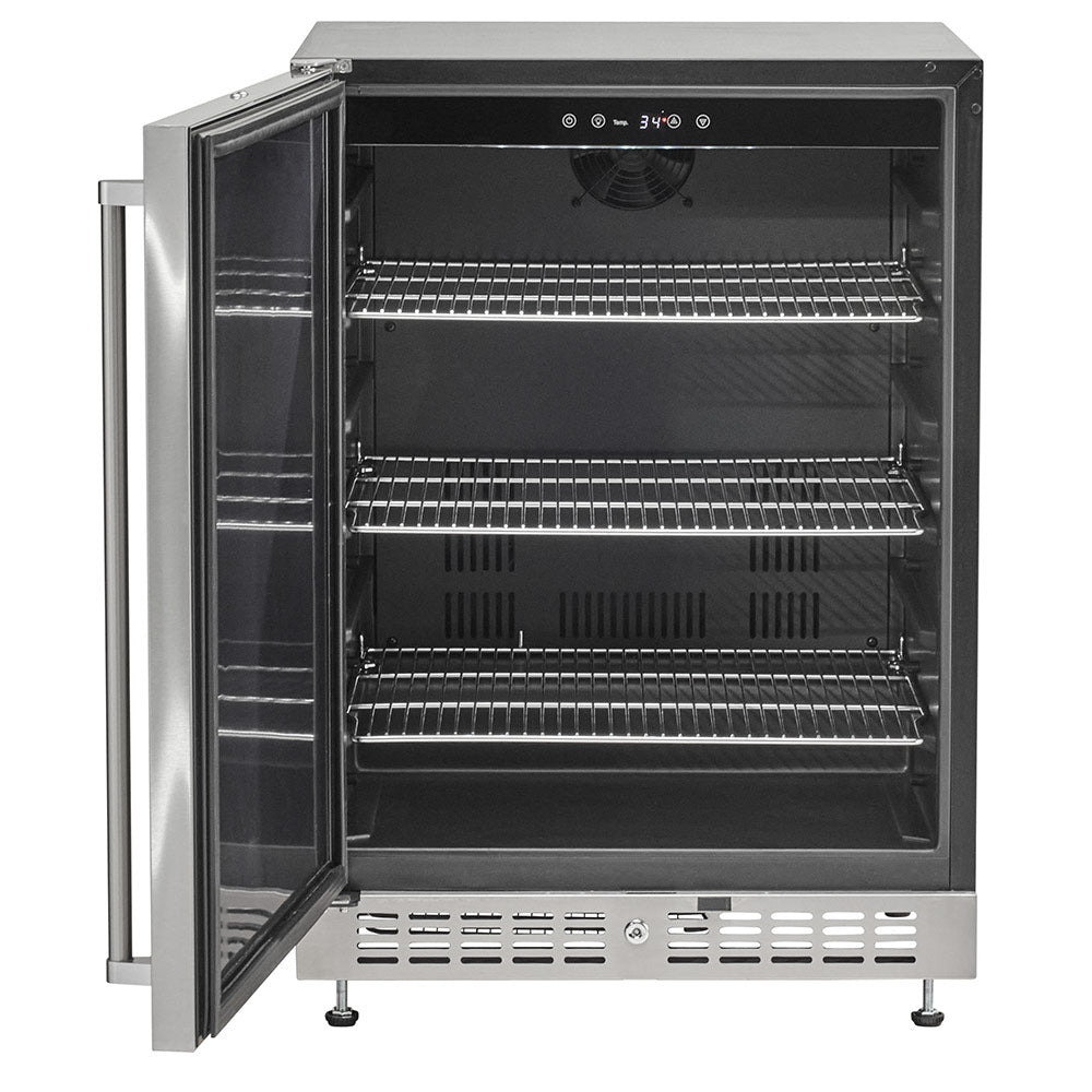 24-inch refrigerator with open door, adjustable wire shelves and top control panel