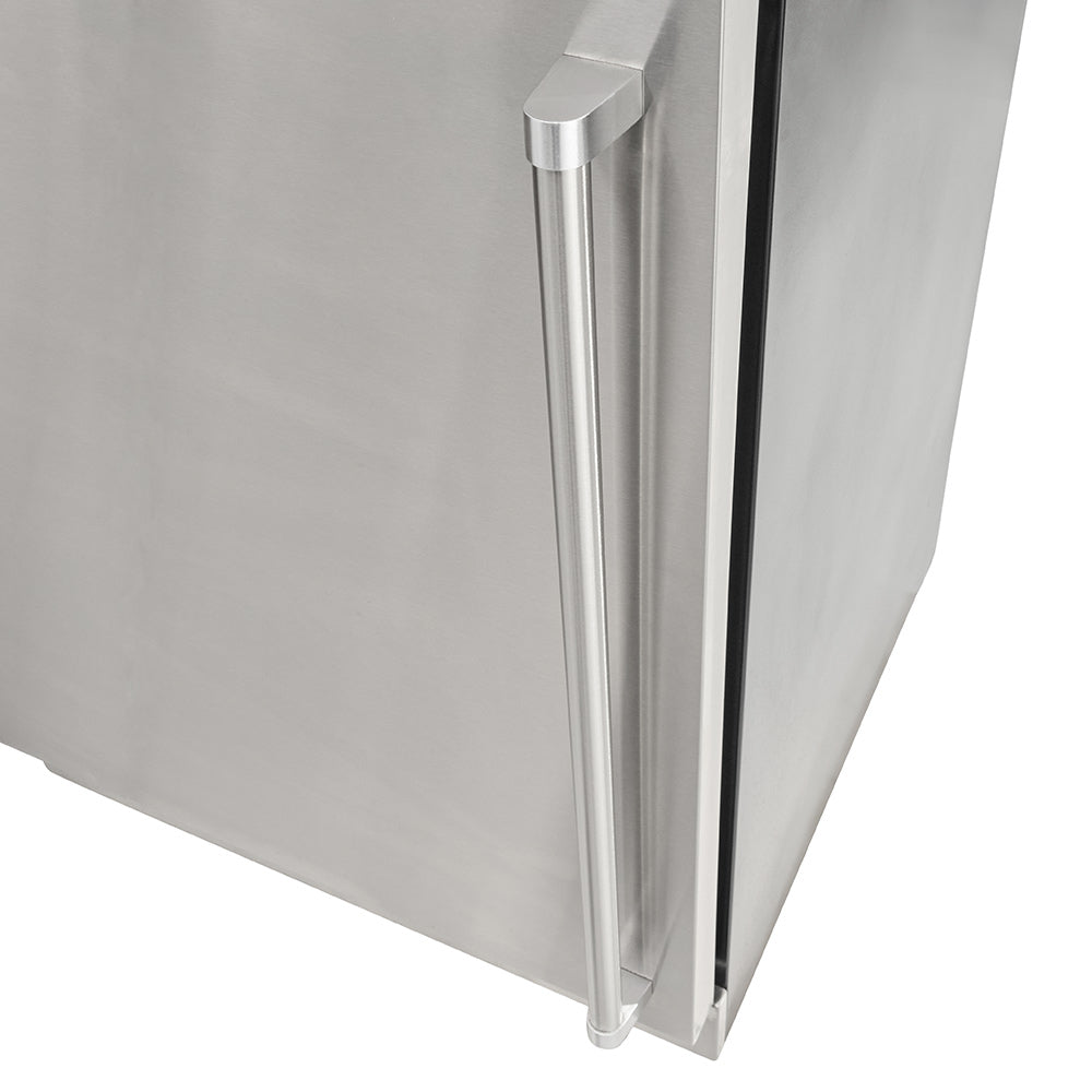 Stainless steel refrigerator side handle near corner with rounded protective cap