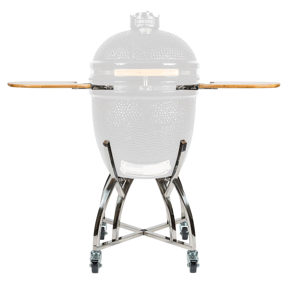 Coyote kamado grill stand with side shelves, domed lid, black ceramic body, chrome legs