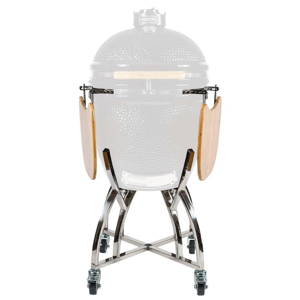 Coyote grill stand with side shelves, open firebox, black ceramic body, chrome frame