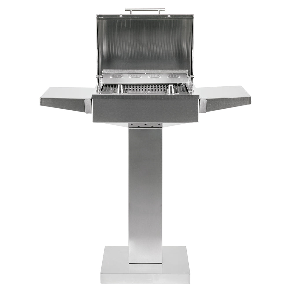 Coyote stainless electric grill on pedestal, lid open with burner array inside