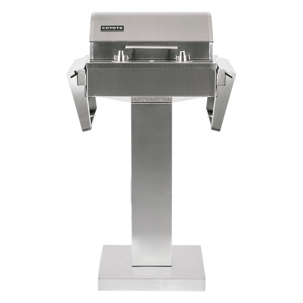 Coyote stainless electric grill on pedestal, open lid with side handles