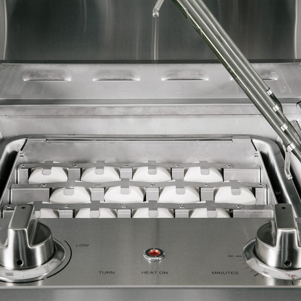 Stainless electric grill control panel and knobs inside open lid