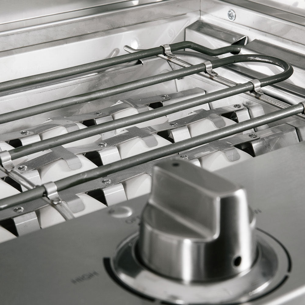 Stainless electric grill burner bars and knob in open cooking area