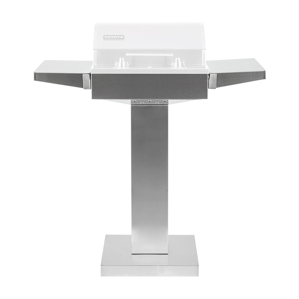 Stainless steel electric grill pedestal with lid open and side shelves