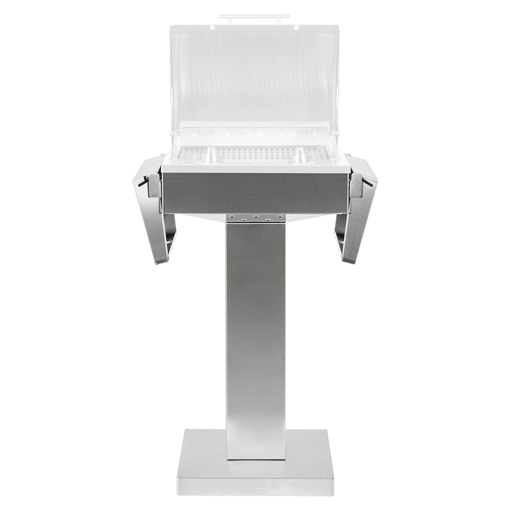 Stainless steel electric grill pedestal with open lid and side handles