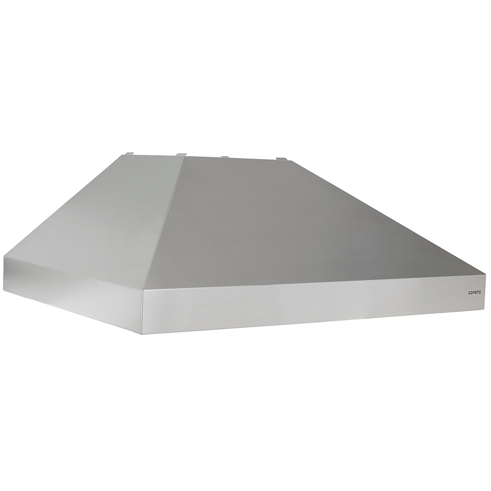 Stainless steel vent hood canopy, angled top view with seam lines and side label