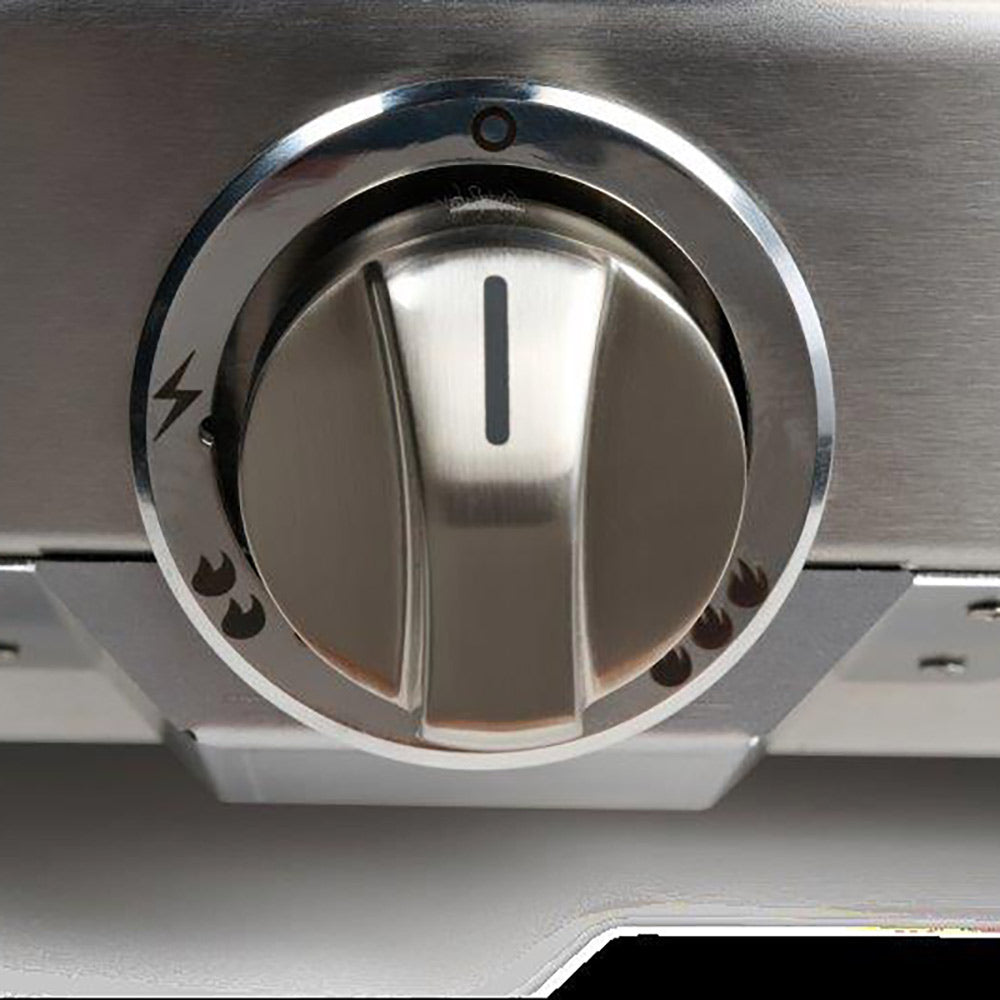 Pizza oven control dial with heat settings on brushed metal face