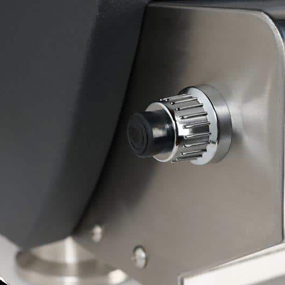 Pizza oven burner knob on stainless control panel with vented dial plate