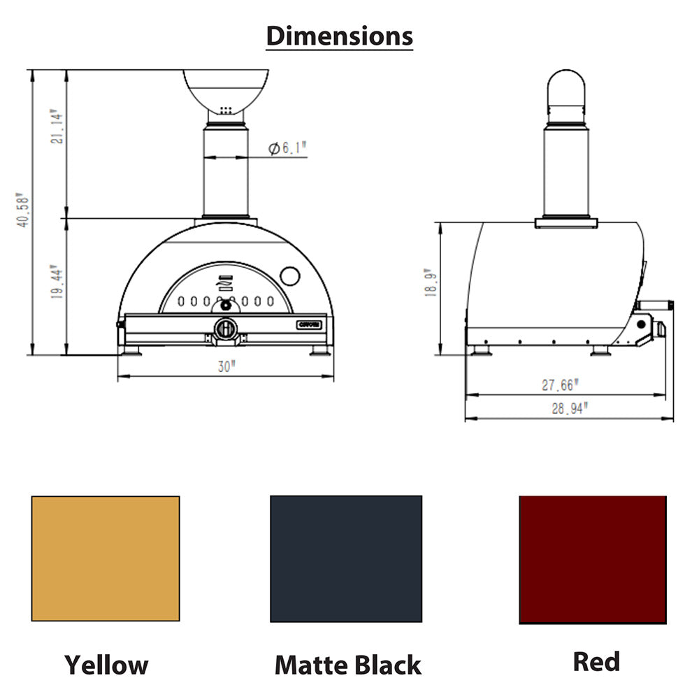Pizza oven dimensions diagram with color swatches for Yellow, Matte Black, and Red