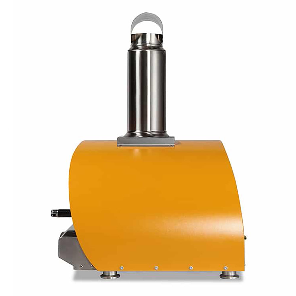 30-inch multi-fuel pizza oven in yellow, side view with stainless chimney