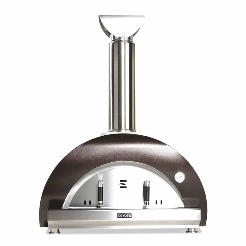 Wood-fired pizza oven with dark bronze dome and stainless steel chimney, front controls