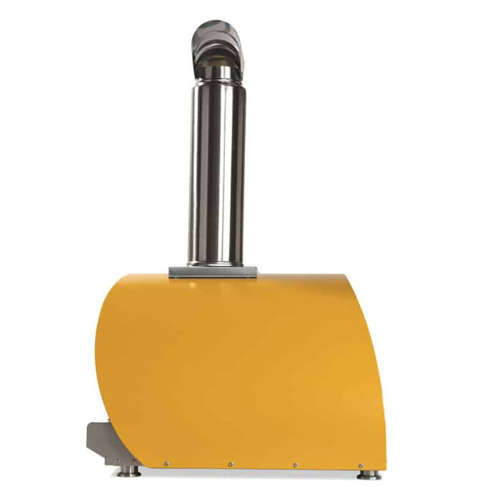 Yellow wood-fired pizza oven body with stainless flue pipe and side mounting feet