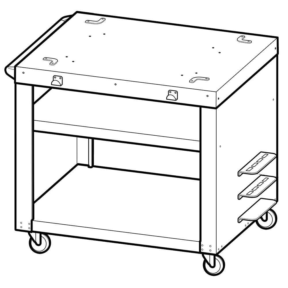 Pizza oven cart with steel cabinet, storage shelves, and four caster wheels