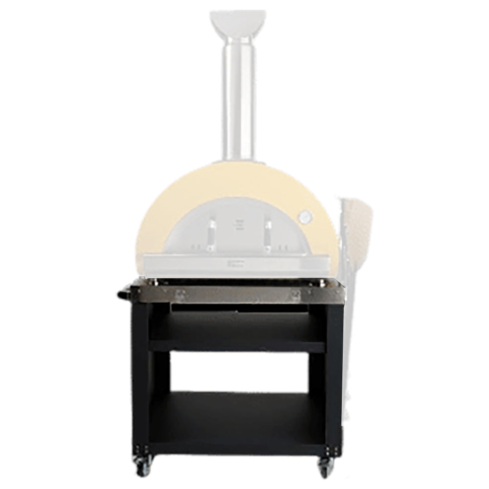 Black pizza oven cart with front shelf and storage, shown with oven base